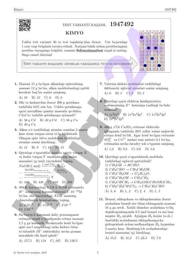 Kimyo test varianti: 1947492 bajarish taqvimi