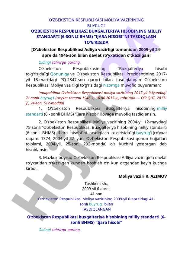 Ijara hisobi milliy standarti tasdiqlash hujjatlari
