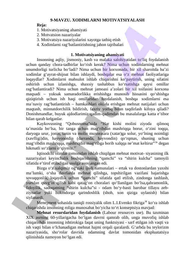 Xodimlarni motivatsiyalash nazariyasi va tajribalari