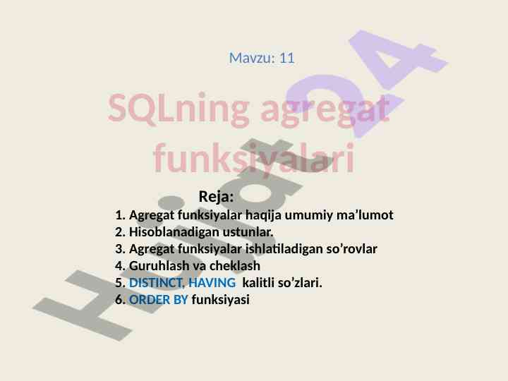 Agregat funktsiyalari va sql so'rovlari