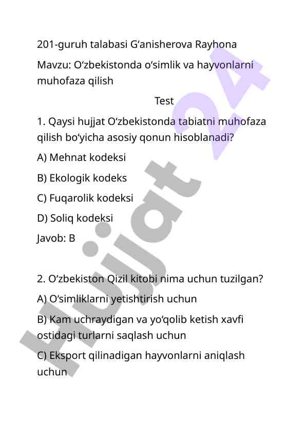 O'zbekistonda o'simlik va hayvonlarni muhofaza qilish