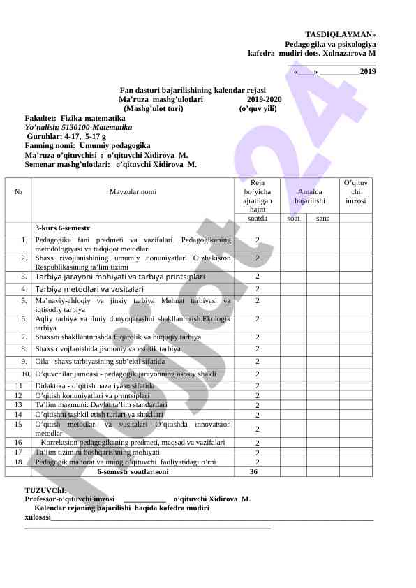 Umumiy pedagogika fan dasturi kalendar rejasi