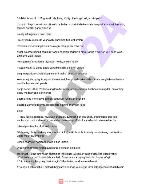 Aholining tibbiy faolligini o‘rganish dasturi