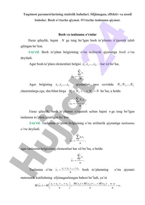 Parametrlarning statistik baholari va o‘rtacha qiymat