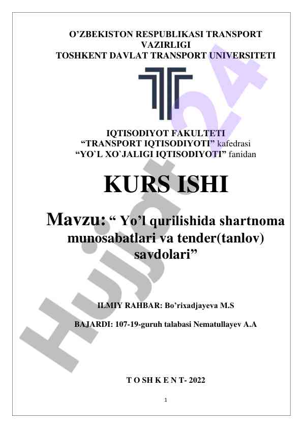 Yo’l qurilishida shartnoma munosabatlari va tender savdolari