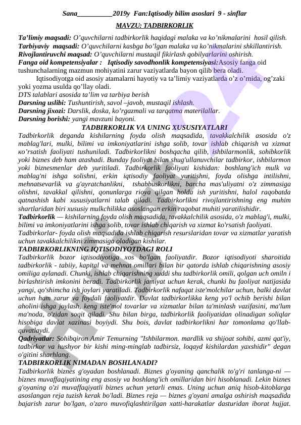 Tadbirkorlik va uning xususiyatlari ta’lim darslari