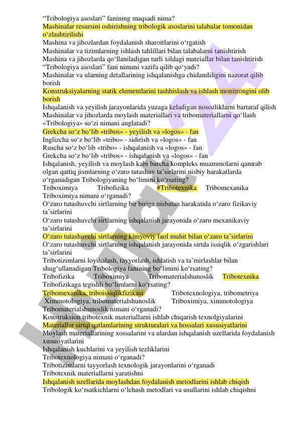 Tribologiya asoslari fanining maqsadi