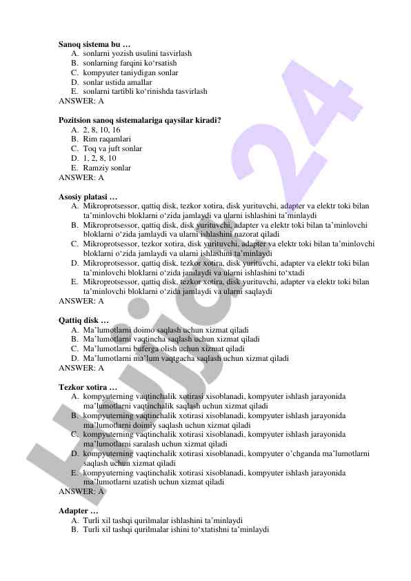 Sanoq sistema va asosiy platalar bilan bog‘liq testlar