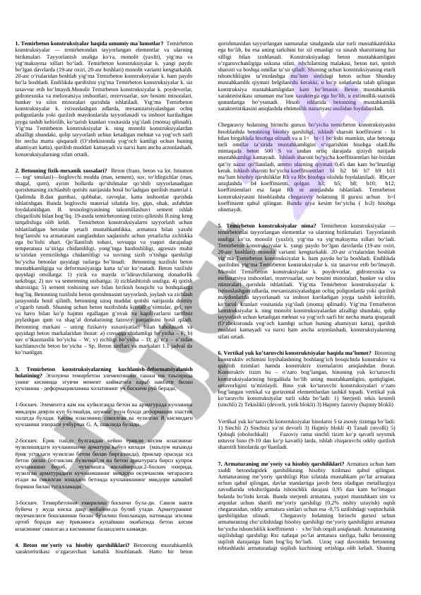 Temirbeton konstruksiyalarining turlari va xususiyatlari