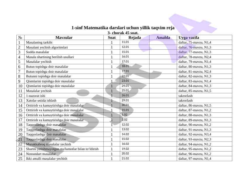 1-sinf matematika darslari uchun yillik taqvim reja