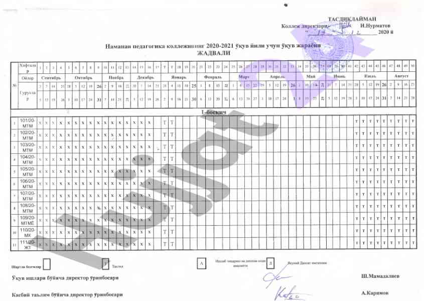 Окув жараёни жадвали 2020-2021 укув йили
