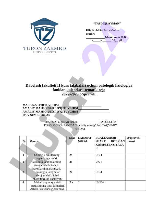 Patologik fiziologiya fanidan laboratoriya ishlari rejasi