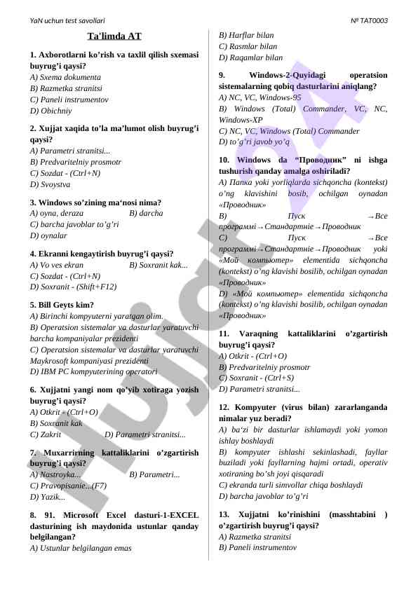 Microsoft excel dasturi bo‘yicha savollar