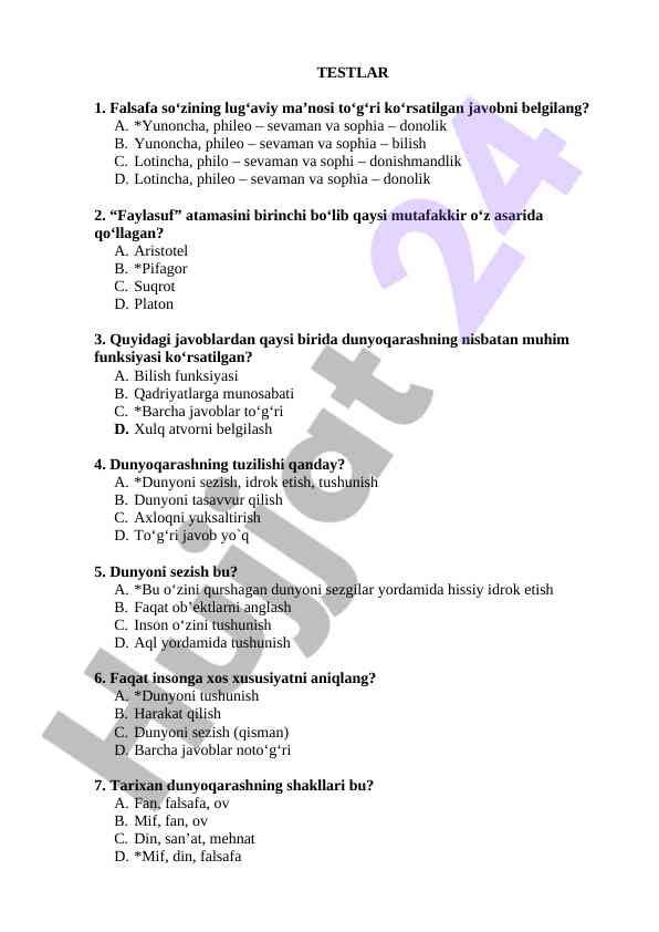 Falsafa so‘zining lug‘aviy ma’nosi bo‘yicha test