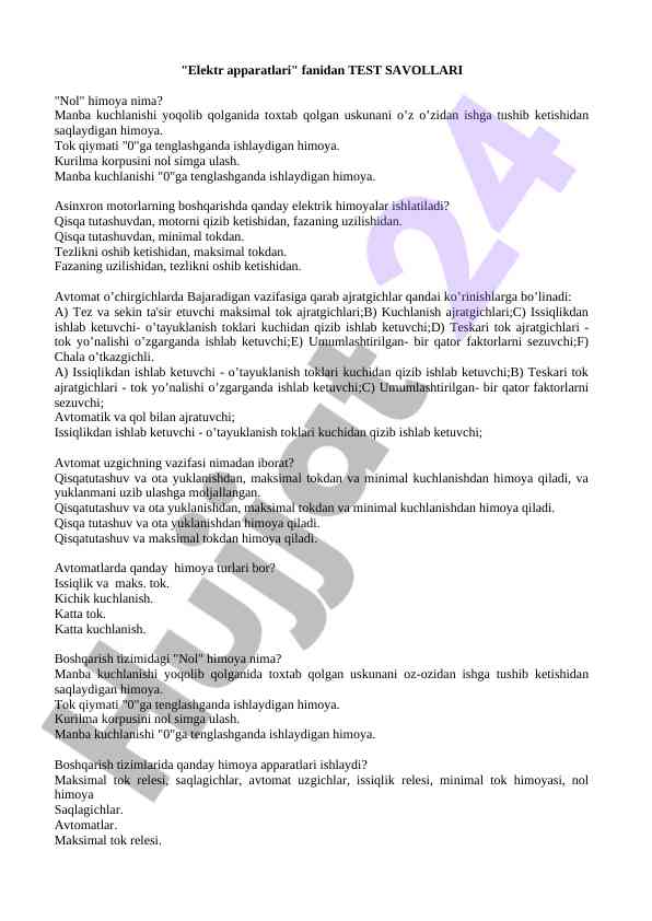 Elektr apparati bo'yicha test savollari