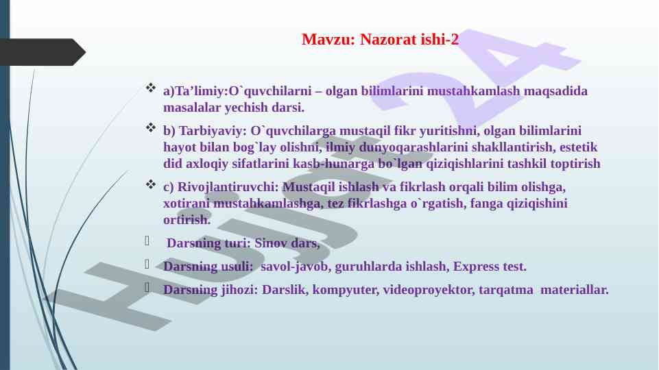Nazorat ishi-2 o‘quvchilar uchun savol-javob darsi