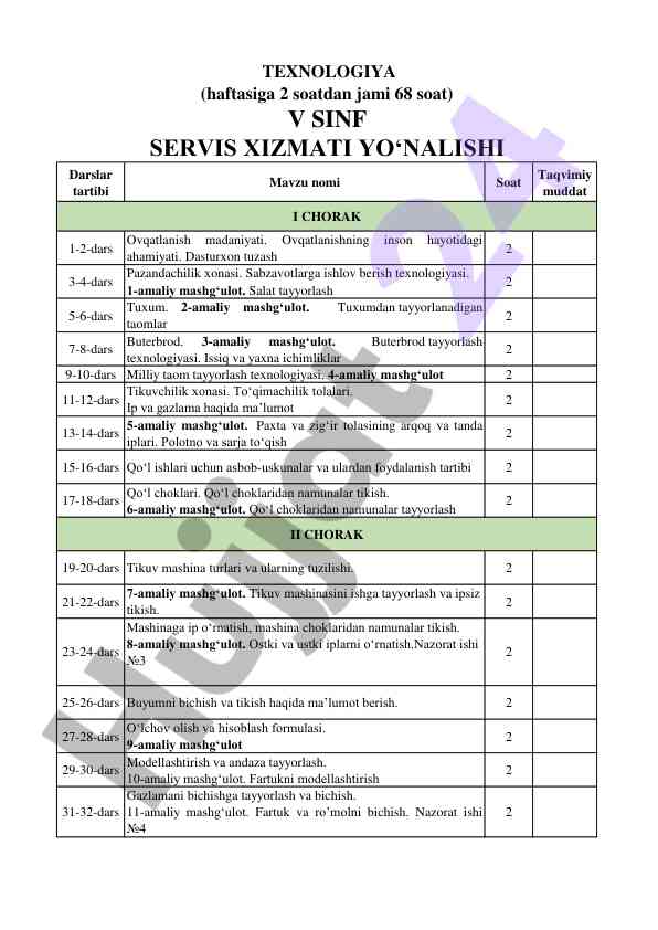 Ovqatlanish va tikuvchilik darslari tartibi