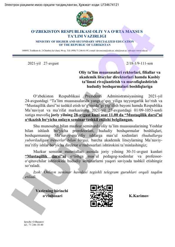 Mustaqillik darsini o‘tkazish bo‘yicha seminar