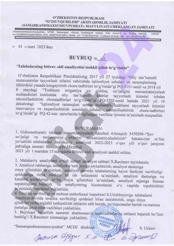 Talabalarning bitiruv oldi amaliyotini tashkil qilish