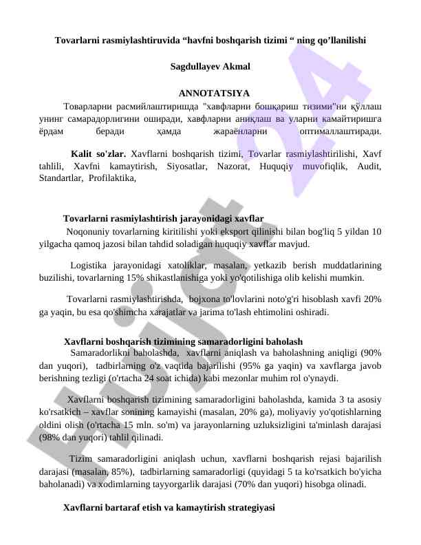 Tovarlarni rasmiylashtirishda havfni boshqarish tizimi