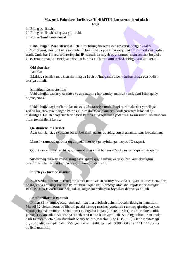 Ip marshrutlash va router sozlash bo'yicha qo'llanma