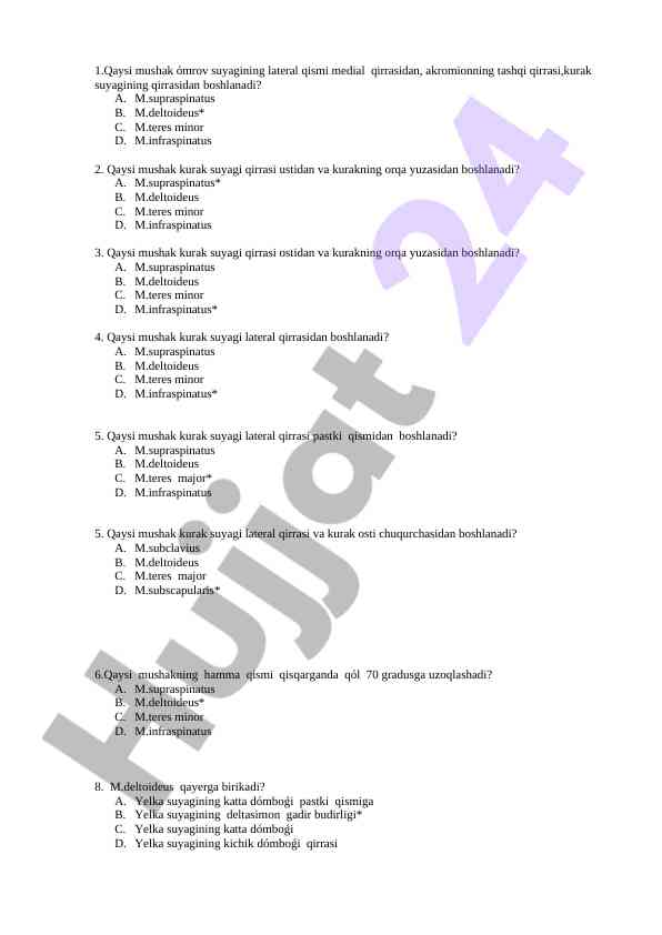 Mushak mavzusi bo'yicha test savollari