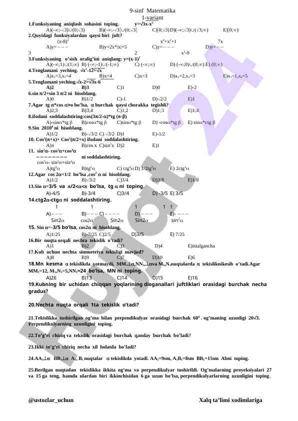 9-sinf matematika test varianti 1