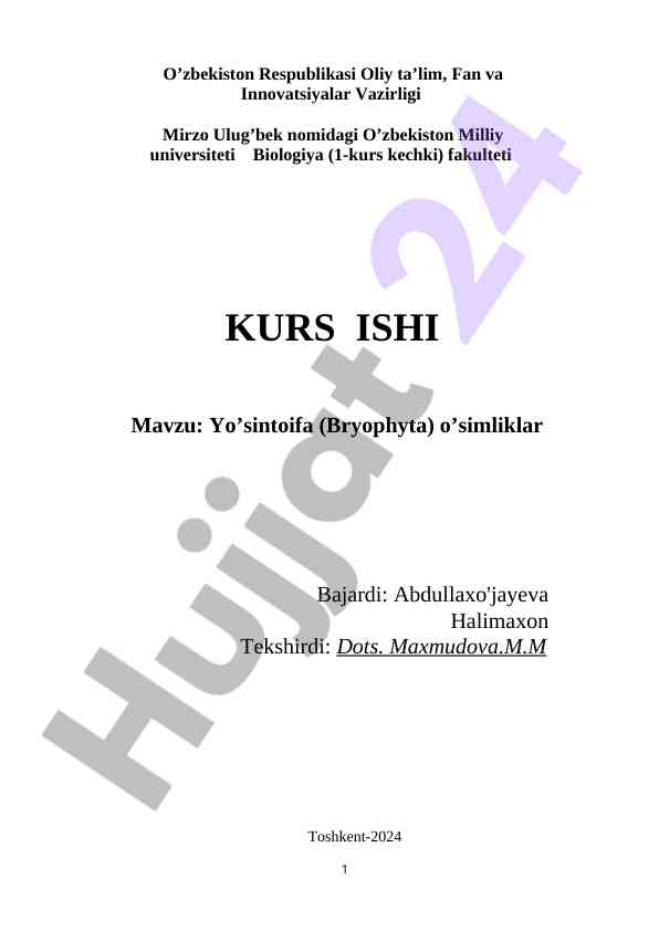 Kurs ishida yo’sintoifa o’simliklar tasnifi