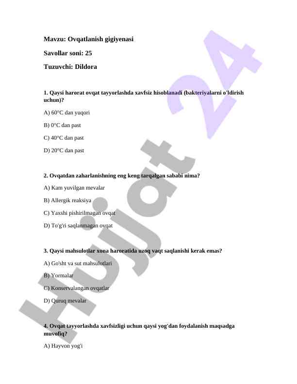 Ovqatlanish gigiyenasi savollari testi