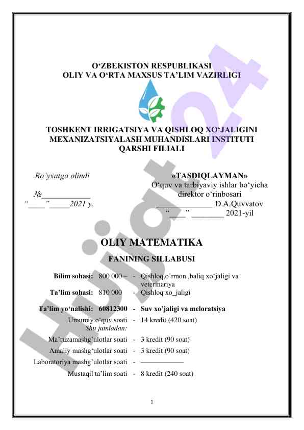 Oliy matematikaning sillabusi va ta’lim rejasi