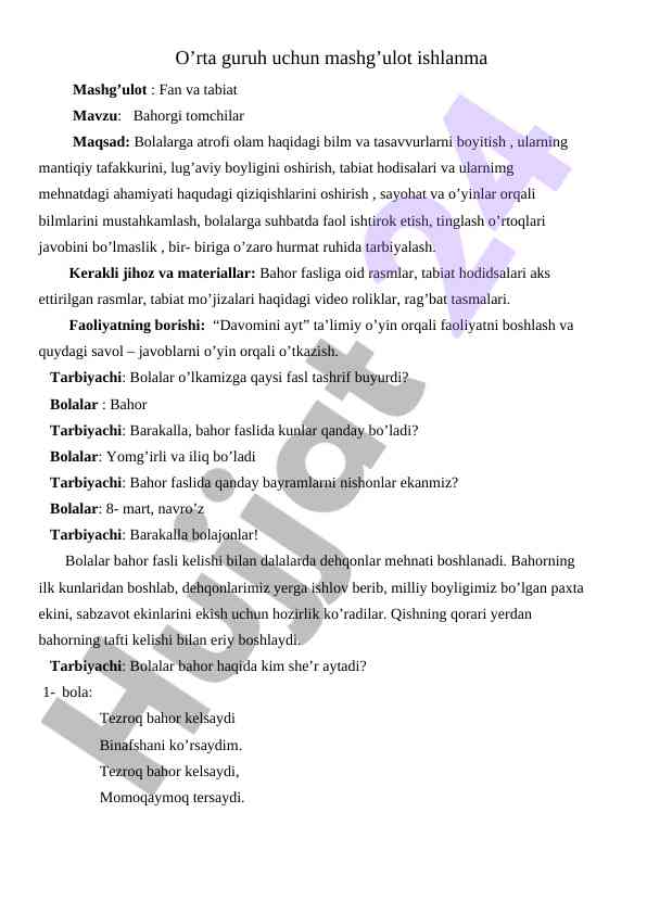 O’rta guruh uchun bahorgi tomchilar mashg’uloti