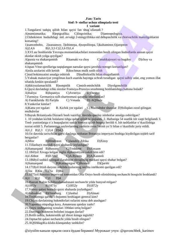 9-Sinflar Uchun Tarix Olimpiada Testi I Variant