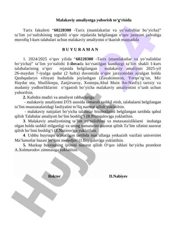 Malakaviy amaliyotga yuborish to‘g‘risida bayonot