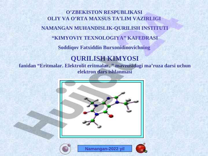 Eritmalar va elektrolit eritmalar mavzusi dars ishlanmasi