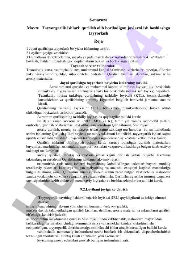 Qurilish joylarini tayyorlash ishlari rejasi