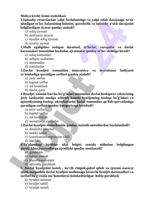 Moliya kredit tizimi statistikasi asoslari