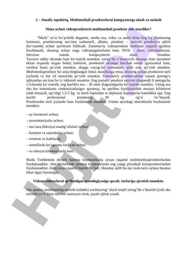 Multimediali proektorlarni ulash va sozlash