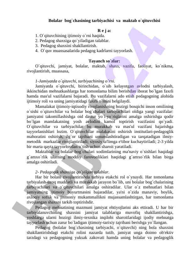O‘qituvchi va tarbiyachining ijtimoiy o‘rni