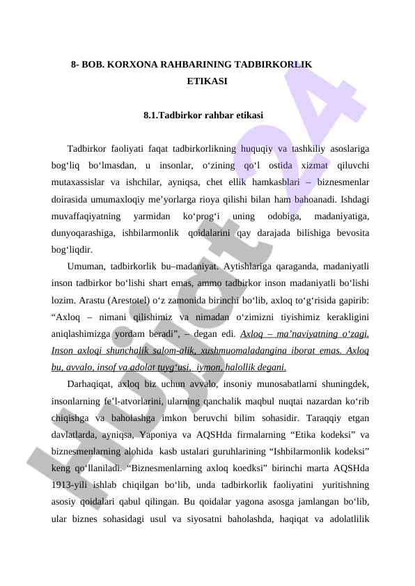 Tadbirkorlik etikasi va axloqiy qoidalar