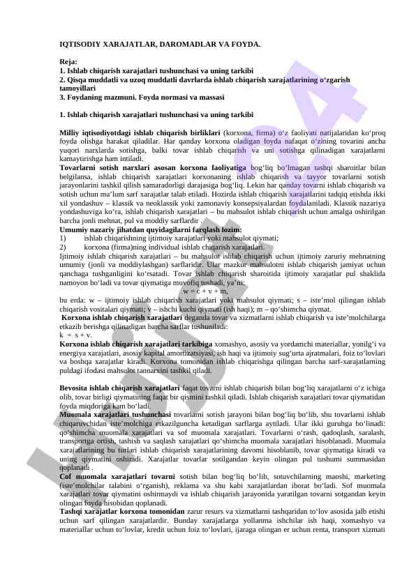 Iqtisodiy xarajatlar va daromadlar tahlili