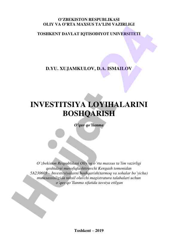 Investitsiya loyihalarini boshqarish o‘quv qo‘llanma