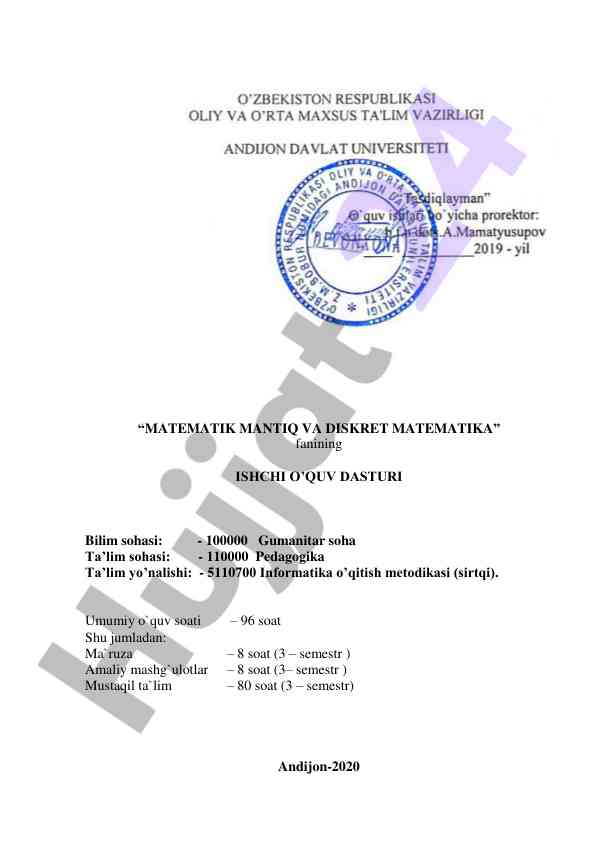 Matematik mantiq va diskret matematika ishchi dasturi