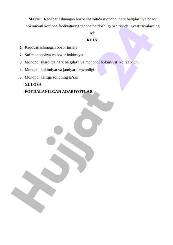 Monopol narx belgilash va raqobatbardoshlik
