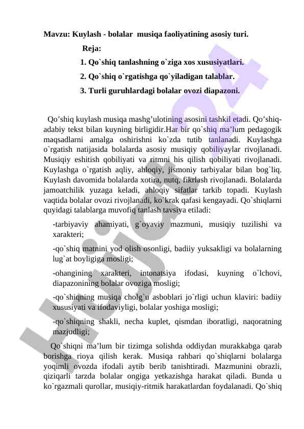 Kuylash faoliyati: bolalar musiqa mashg‘uloti
