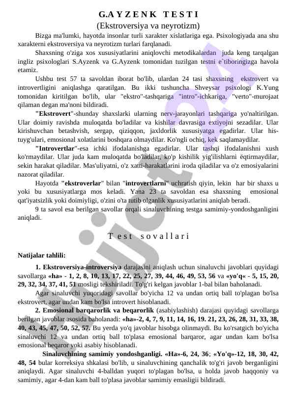 Ekstroversiya va neyrotizm testi