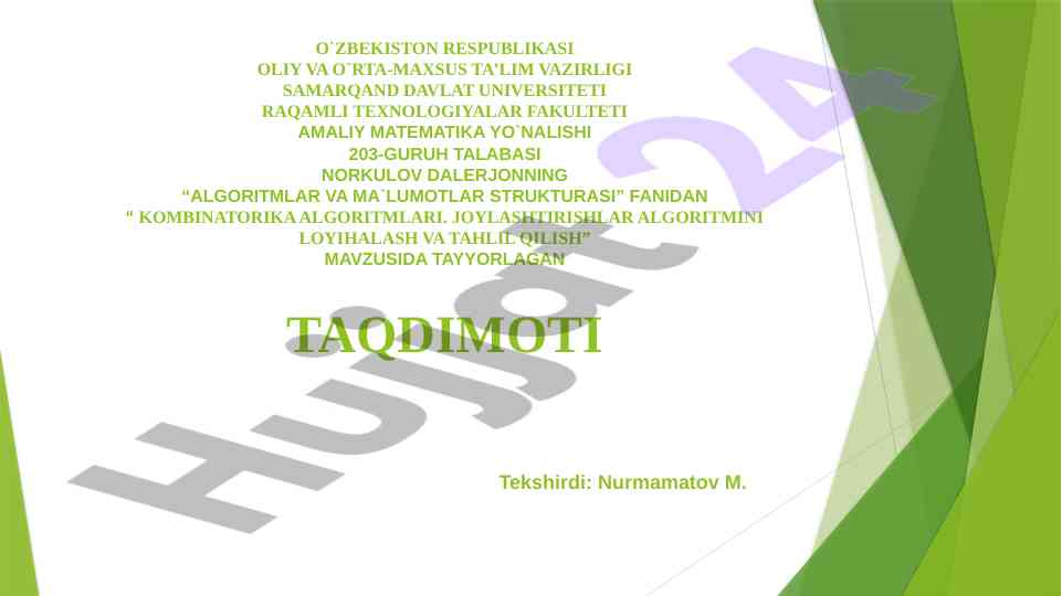 Kombinatorika algoritmlari va joylashtirishlar algoritmi