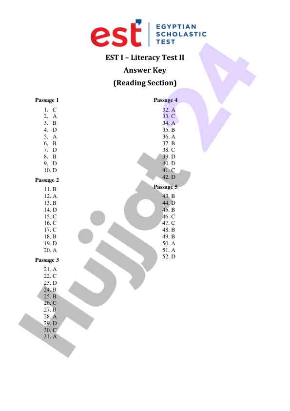 Est i literacy test ii answer key overview