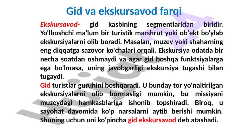 Ekskursavod gid kasbi haqida ma'lumotlar