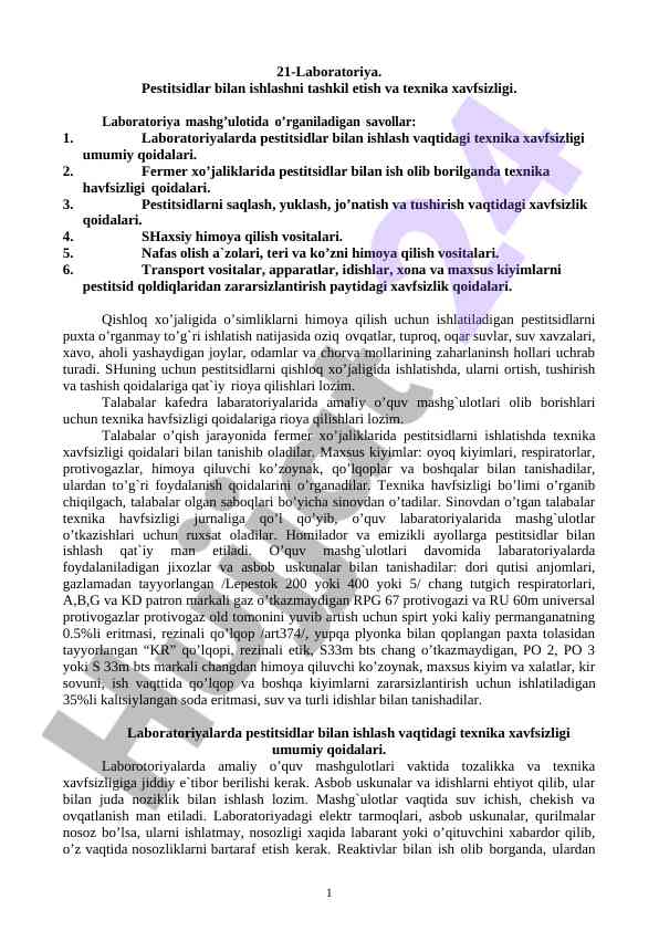 Pestitsidlar bilan ishlash va texnika xavfsizligi