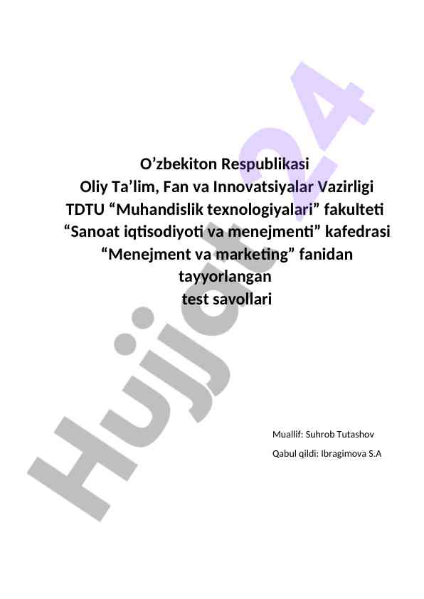 Sanoat iqtisodiyoti va menejment test savollari